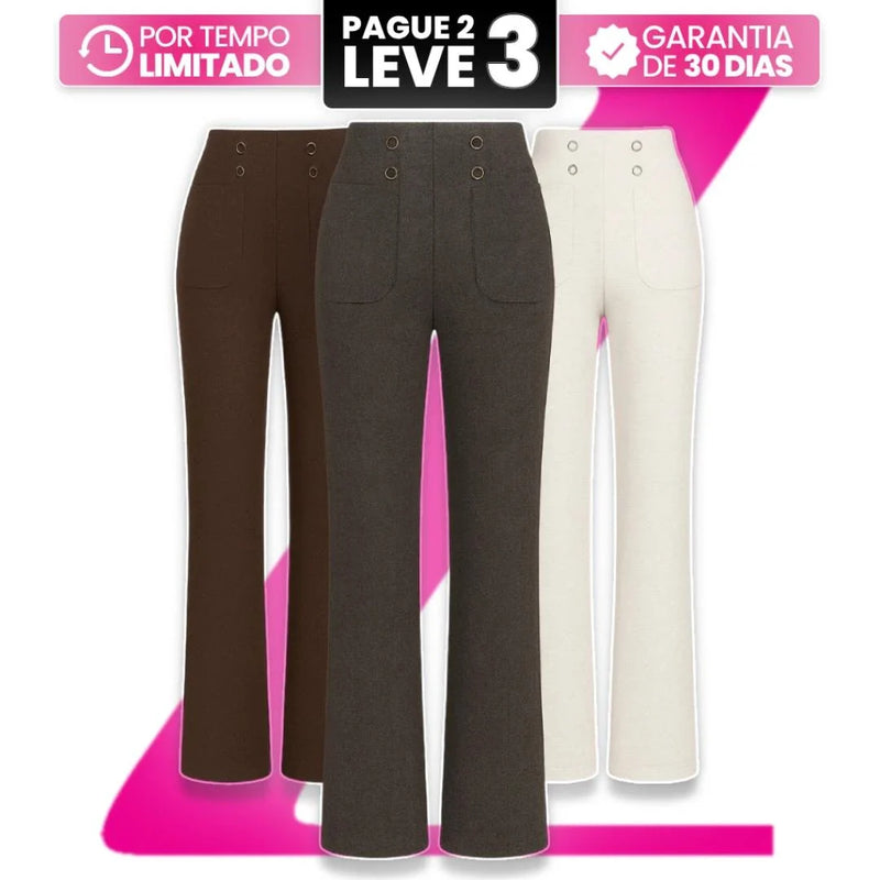 [Llevate 3, Pagá Solo 2] Pantalón Femenino Solena de Algodón, Poliéster y Viscosa, Tiro Alto con Botones al Frente