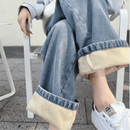 Calça Jeans Wide Leg Feminina Peluciada + Meia Térmica